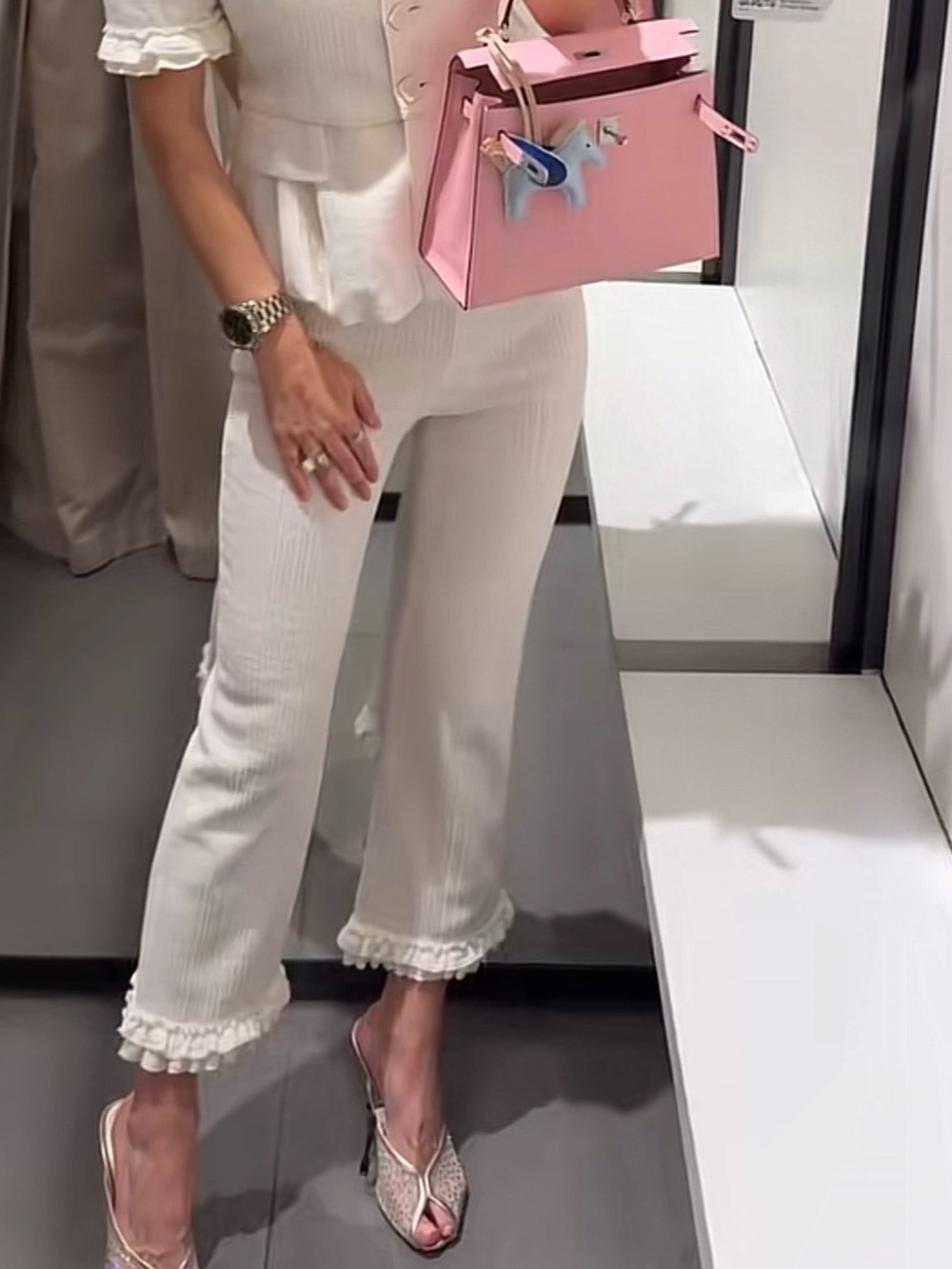 Zara Cream Ribbed Cropped Pants with Ruffle Hem
